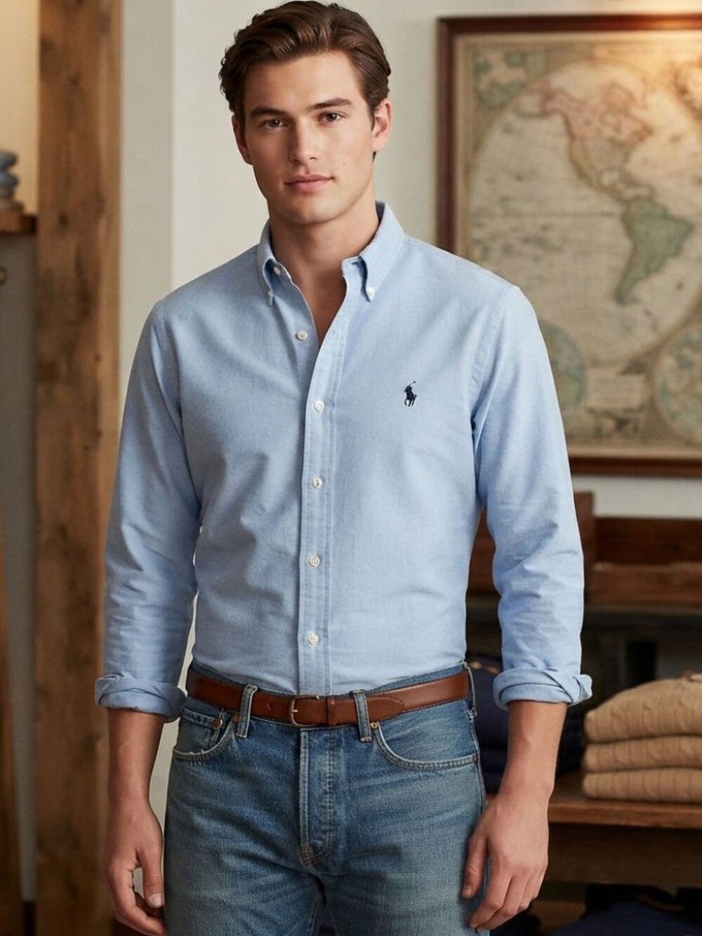 Ralph Lauren Yarmouth Shirt Mens 18 36/37 Blue Pinpoint Oxford Preppy